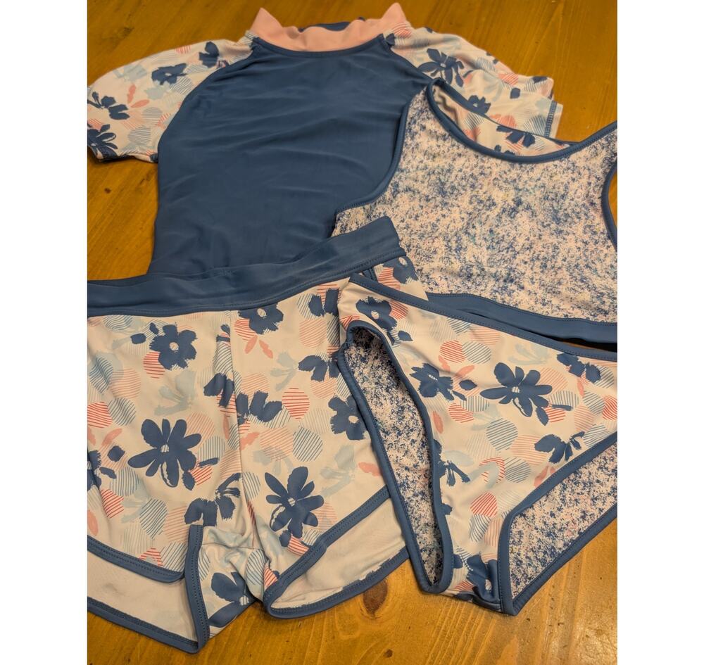 Eddie Bauer, Girl's 4 Piece Reversible Swim Set, Medium 10/12, VGU, Blue Floral